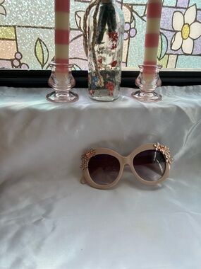 Betsey Johnson Embellished Pink Sunglasses with Gem Flora Accents